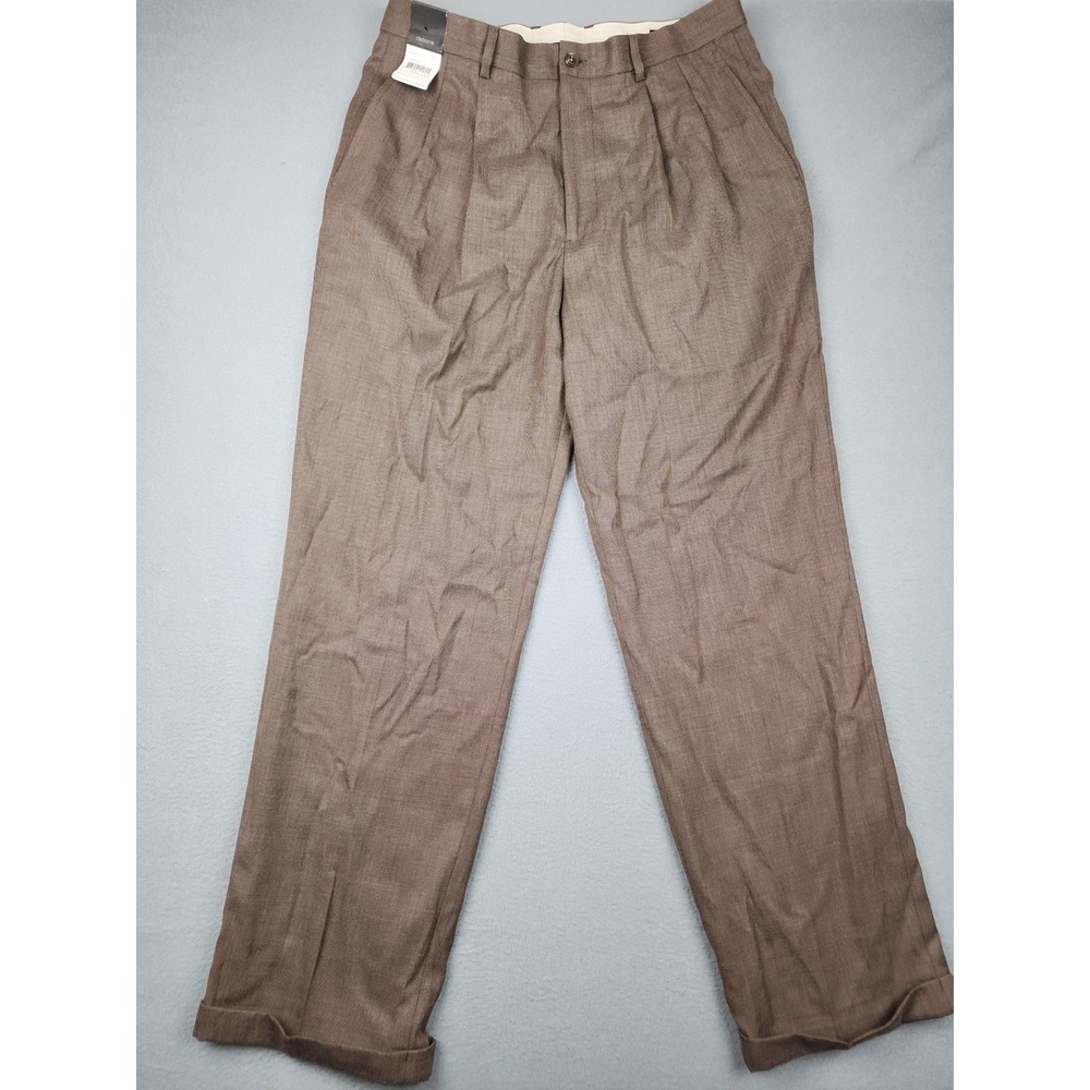 Claiborne Dress Pants Mens 34x32 Brown Check S-Essentials Pleated Cuffed Hem NWT